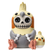 Whimsical resin figures of two styled cockatiel birds, one large with a skull face and one small, both with vibrant yellow and gray colors.