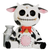 Cow resin figurine featuring a skull face skeleton character in a cute black and white cow costume with pink ears, a red bow, and a silver milk container.