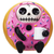 Doughnut resin figurine features a skull wearing a skeletal face with pink icing and colorful sprinkles, holding a white mug.