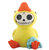 Yellow duck figurine with a skull face, red comb, orange feet, and blue fluffy shapes beneath it.