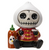 Dumpling-themed resin figurine with a skeletal face, wearing a red outfit, holding a bowl in one hand and a red and green sauce bottle in the other, featuring a painted chicken on the bottle.
