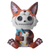 Playful resin figurine of a red fox with a skull-like face, wearing a blue bowtie and holding a white chicken toy.