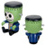 Side and back views of Frankenstein resin figurine with a green stitched head, blue jacket, black boots, and seated pose.
