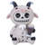 Whimsical beige goat figurine with a skeleton face, holding a drink, featuring black horns and stitched details.