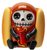 Hotdog resin figurine featuring a skeleton in an orange hotdog costume sitting in a bun and holding a smiling ketchup bottle.