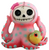 Adorable pink octopus resin figurine with turquoise polka dots, a skull-like face, and a small fish in one hand.