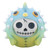 Colorful resin figurine of a blowfish with a skull design, featuring blue and green colors, white spikes, and large black eyes.