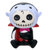 Playful Dracula figurine with a skeletal face, large black eyes, and dressed in a black and red cape with a pink bowtie.