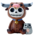 Whimsical resin figurine of a brown bull with a skull design and a pink nose ring, sitting next to a small gray dog, both featuring cartoon-like styles.