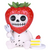 Whimsical resin figurine of a skeleton with a strawberry head, holding a fork, and sitting next to a two-layered yellow cake with frosting and a small strawberry on top.