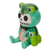 Side view of frog figurine with a skeleton face, green frog hood, and miniature companion frog, quirky home decor statue.