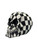 Angle view of a black and white diamond resin skull statue showcasing its bold checkerboard design and glossy finish.