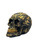 Side view of a cold-cast resin copper skull statue showcasing intricate metallic copper filigree patterns on a matte black skull.