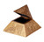 Small hinged Egyptian pyramid box with a gold finish, open to reveal hidden storage inside, decorated with detailed hieroglyphic engravings.