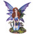 Front view of a resin Dream Fairy figurine with purple wings and red hair sitting on a mossy mushroom base beside a small dragon.