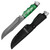 A green and silver hunting knife with a textured, dark blade. It comes with a black "BUCKSHOT KNIVES" sheath.
