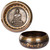 Tibetan bronze singing bowl with a silver Buddha relief inside, gold patterns, and Sanskrit script.