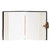 Open journal with white blank pages and a unique woven leather border around the cover, secured by a vintage-style metal clasp. Red stitching is visible on the spine.