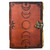 A reddish-brown leather journal with five embossed moon phases down the center, flanked by celestial motifs. It has deckle-edged pages and an antique brass-colored swing clasp.