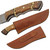 Multiple views of a Damascus Saddle Hunting Knife, highlighting its full tang wooden handle with decorative brass inlays and rivets, and its patterned blade. The accompanying brown leather sheath with a belt clip is also shown.