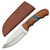 Polished hunting knife with a black-brown wooden handle featuring a blue wavy resin inlay and brass pins, alongside a light brown stitched leather sheath.