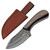 Rustic skinner knife with a dark, hammered blade, textured handle, and a brown stitched leather sheath with a belt loop.