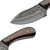 Close-up of a knife blade and handle: hammered dark grey blade transitions to a sharp silver edge, with a textured dark reddish-brown wooden handle featuring two small yellow pins.