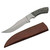 A long, polished silver hunting knife with a curved blade and a dark grey, striped wooden handle secured by two small, light-colored pins. Beside the knife lies a fitted light brown leather sheath with decorative stitching.