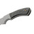 Close-up of a knife handle: dark grey striped wood with light yellow-orange pins, and a polished silver blade extending left.