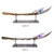 Two images of Loki's Staff on a display stand. The top image shows the staff and stand with all lights off. The bottom image shows the staff's gem glowing purple and the stand illuminated with white LEDs.