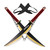 Two black and gold swords with red handles are crossed in the foreground, connected by a chain. A black double leather sheath with straps rests behind them against a white background.
