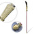 A large pole weapon, One Piece Murakumogiri, features a bronze hilt with a jagged, broad blade. The weapon has a long, slender dark red pole and a small bronze cap at its base.