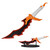 A grey-handled dagger with an orange, wing-like crossguard and a black, jagged red-edged blade is shown both upright and on a black display stand against a white background.