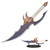 A dagger with a white and grey handle, bronze wing-like crossguard, and a dark purple blade with gold patterns and a hooked silver edge is shown upright and on a black display stand.