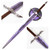 A Solo Leveling Demon King Longsword features a brown grip, silver-grey crossguard, and a translucent purple blade with dark jagged patterns. It's shown with close-ups of the hilt and blade tip, alongside a circular black wall mount with a purple phoenix emblem.