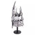 A slightly angled, close-up view shows the silver-grey Lich King's Helm of Domination from World of Warcraft, with its intricate, spiky, skull-like design and textured layers, displayed on a black stand.