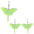 A collage of three vibrant green Luna Moth dangle earrings made from smooth acrylic. The wings feature realistic details, including pale yellow centers, delicate black markings, and long, elegant tails characteristic of the species.