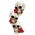 A vertical totem of three cream-colored human skulls stacked on top of each other. Each skull features a realistic, weathered bone texture with dark, hollowed eye sockets. Vibrant red roses are tucked into the jawlines of the top two skulls, while a larger cluster of red roses adorns the base of the bottom skull. The skulls are angled slightly in different directions, creating a dynamic, spiraling tower effect.