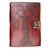 Handmade brown leather journal with embossed tree of life and goddess silhouette design, featuring vintage clasp closure