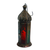 A tall, slender Moroccan lantern showcasing a weathered antique copper finish. The design features a sharply tapered dome with detailed geometric metal cutouts, a top hanging hook, and textured pressed glass panels in contrasting shades of red, green, and blue.