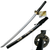 Dragon Sheath Damascus katana with a curved blade and black cord-wrapped handle, featuring a decorative zinc alloy tsuba with a dragon design, displayed alongside a lacquered scabbard with a colorful dragon print.