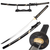 Black katana with a curved blade featuring a gold splatter design, a dark cord-wrapped handle over rayskin, and a circular guard, displayed on a wooden stand.