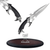 Angled view of a fantasy dagger, Faith's Knife Blade, on a clear acrylic stand atop a circular wooden base, showcasing a metallic silver blade and textured black handle.