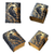Multiple angles of the Autumn Raven Premium Leather Journal highlighting the vintage raven cover artwork, spine, metal swing clasp and back cover.