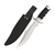Military hunting knife with a curved stainless steel blade resting beside a black leather sheath.