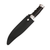 Close-up of a military hunting knife secured inside its black protective sheath.