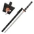 Full view of a high quality black carbon steel katana displayed alongside its matching sheath.