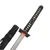 Detailed close-up of a katana handle featuring traditional rayskin wrapping, textured grip, and ornamental guard.