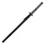 Unsheathed black carbon steel katana with a traditional rayskin wrapped tsuka resting near its black sheath.