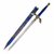 Blue replica of the Master Sword from the Legend of Zelda, displayed with a matching faux leather scabbard, featuring gold accents.